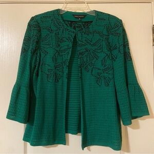 Ming Wang Green Knit Jacket with Black Floral Design